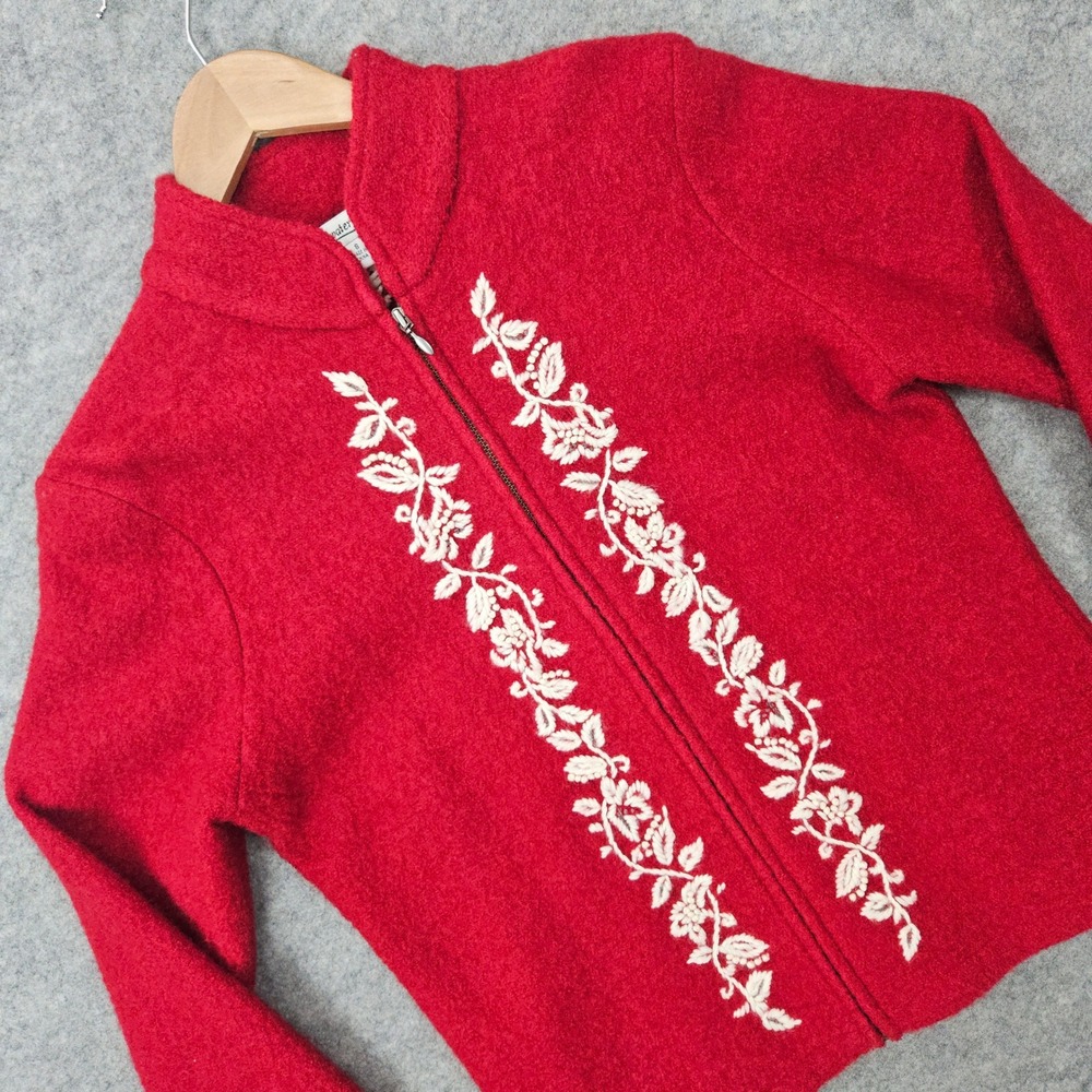 Coldwater Creek Wool Jacket Women's Small Red Full Zip Floral Embroidered Boho